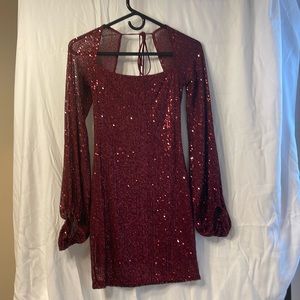 Burgundy colored short, long sleeve dress (prom, homecoming, winter formal)